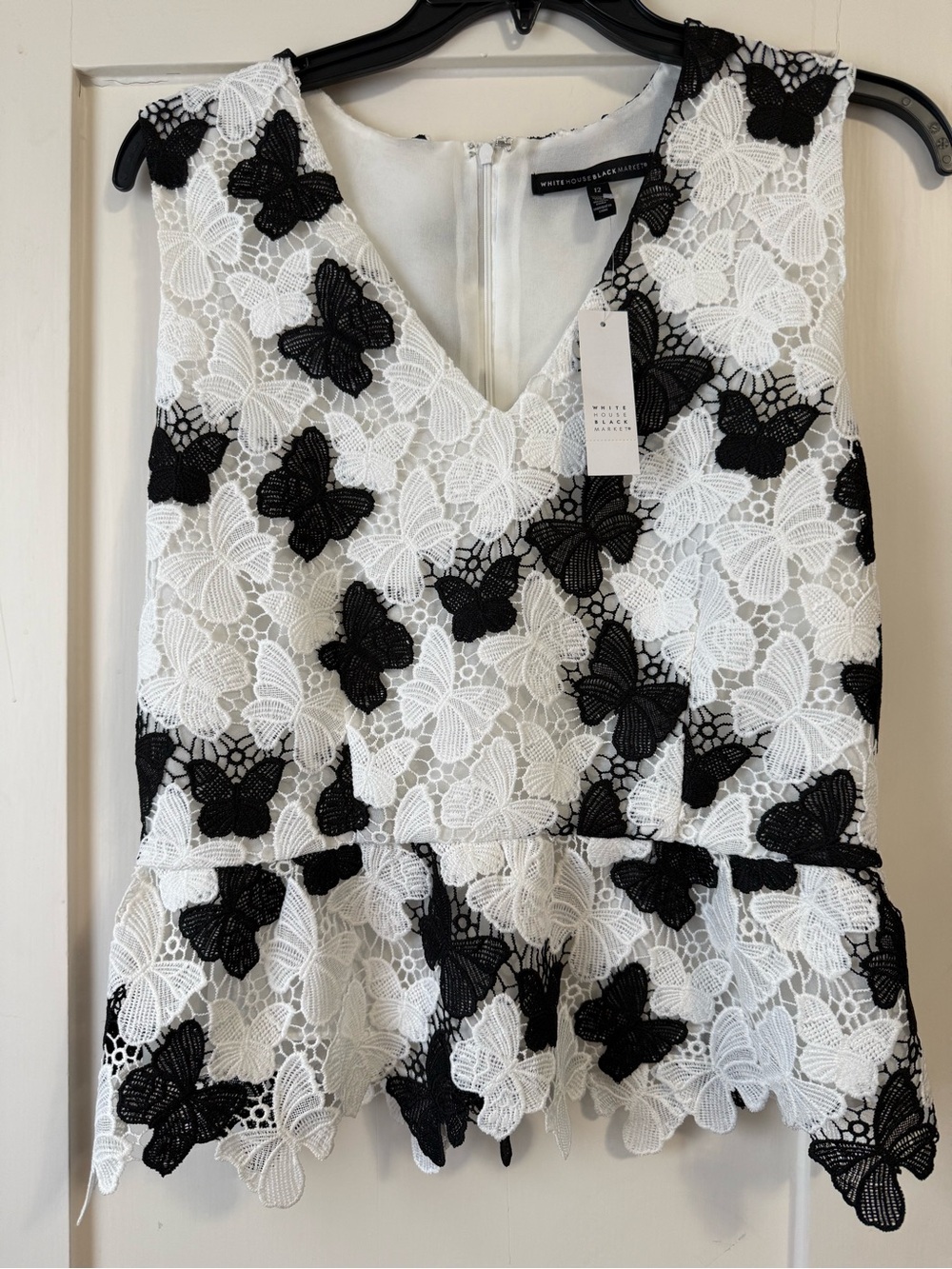 NWT White House Black Market Butterfly Lace Peplum Top Black White Sz 12